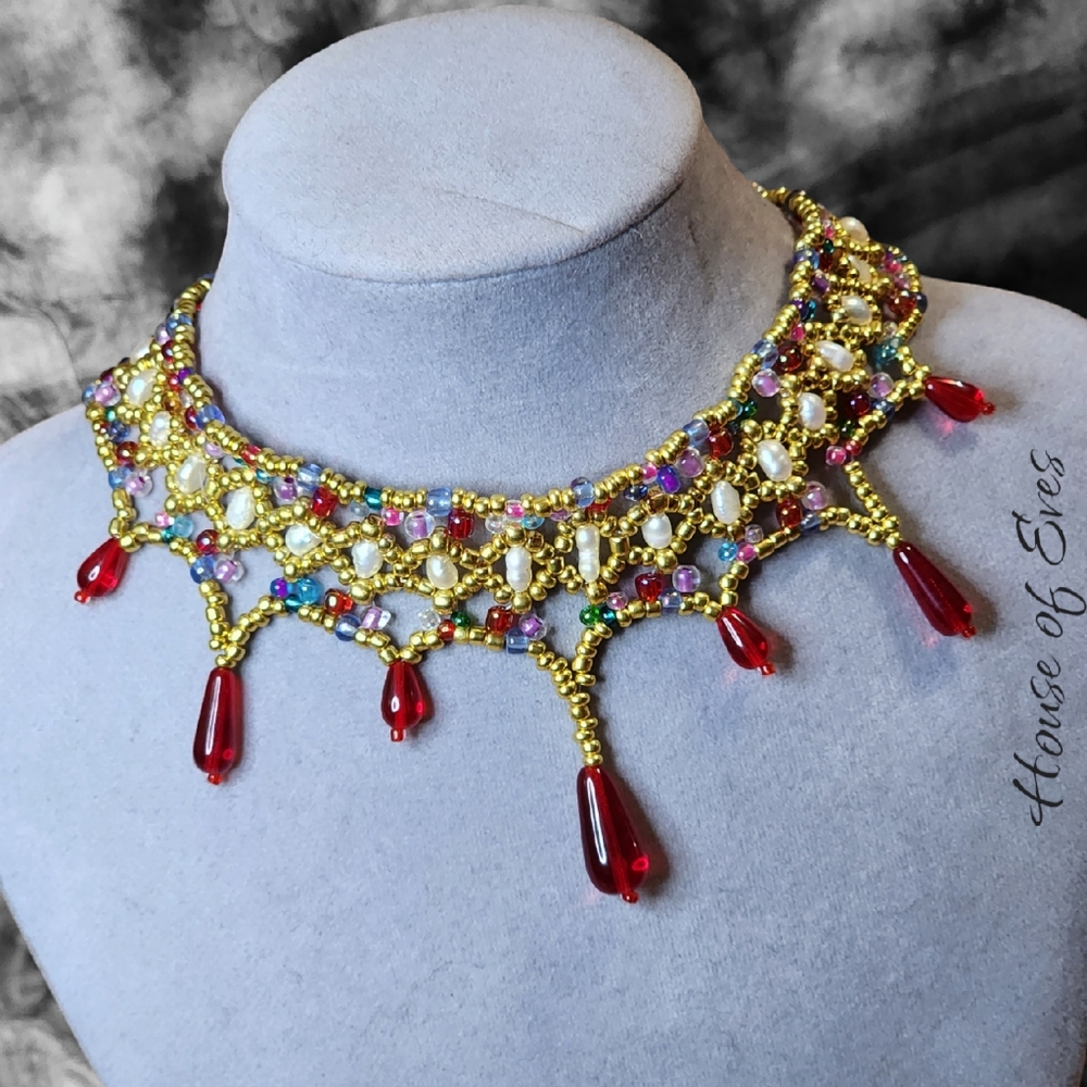 Freshwater Pearl, Gold & Red Seed Beaded Choker Necklace